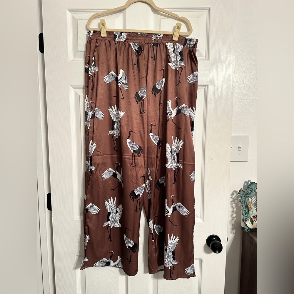 Dressed in LALA Brown Crane Print Wide Leg Pants